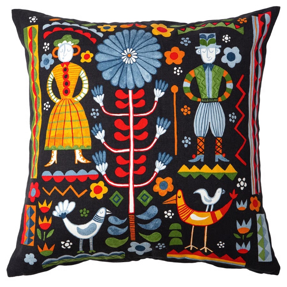 Folk Art Print Square Pillowcases - Black with Bright Multicolor Motifs